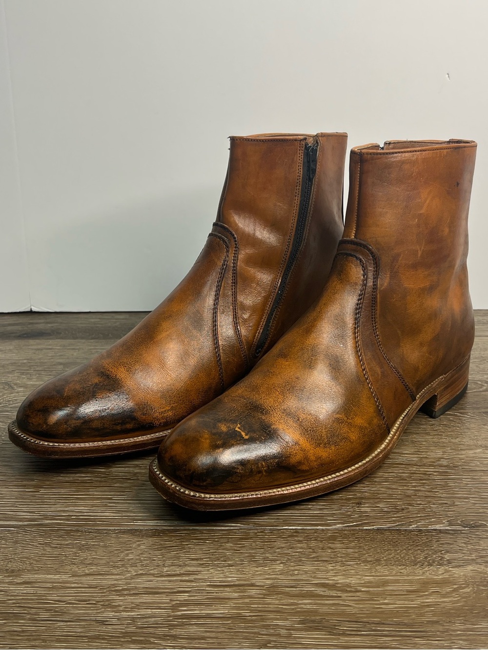 Breather Wright Premium Leather Side Zip Ankle Boots Men’s 11D Cognac Brown